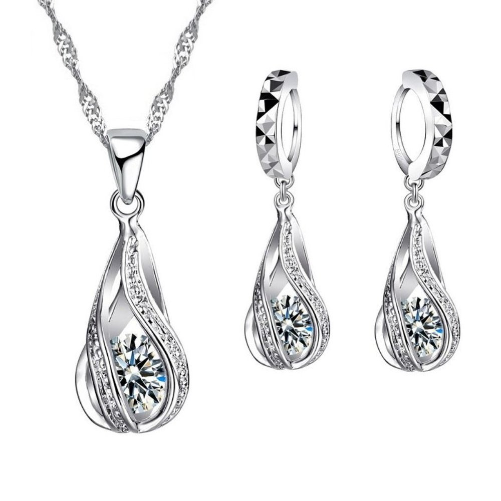 🌟 925 Sterling Silver Necklace And Earrings Set Tear Drop Cute Top Gift - Picture 1 of 7